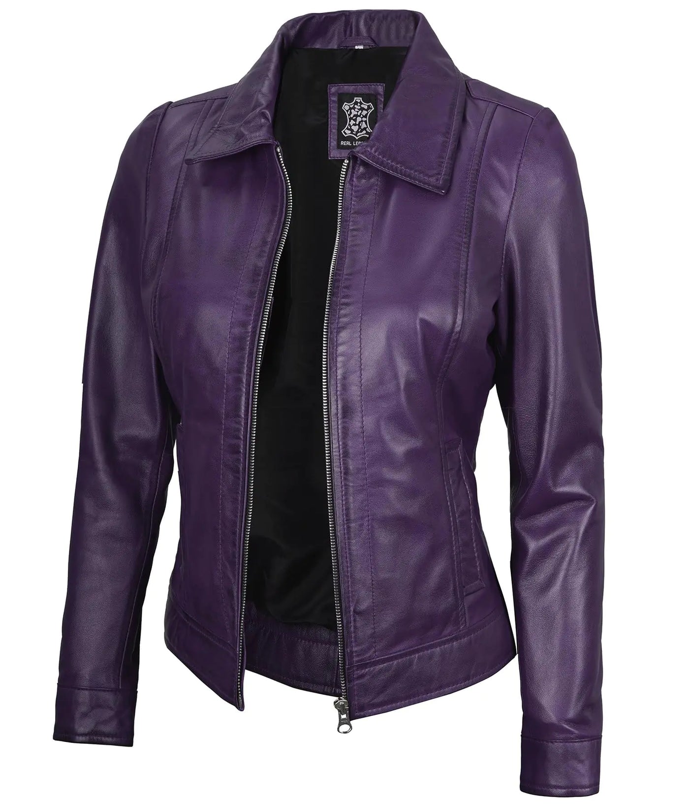 Decrum Leather Jacket for Women – Stylish Purple Moto Biker Jacket, Slim Fit Faux Leather Outerwear – Size Medium [1326903] Jose