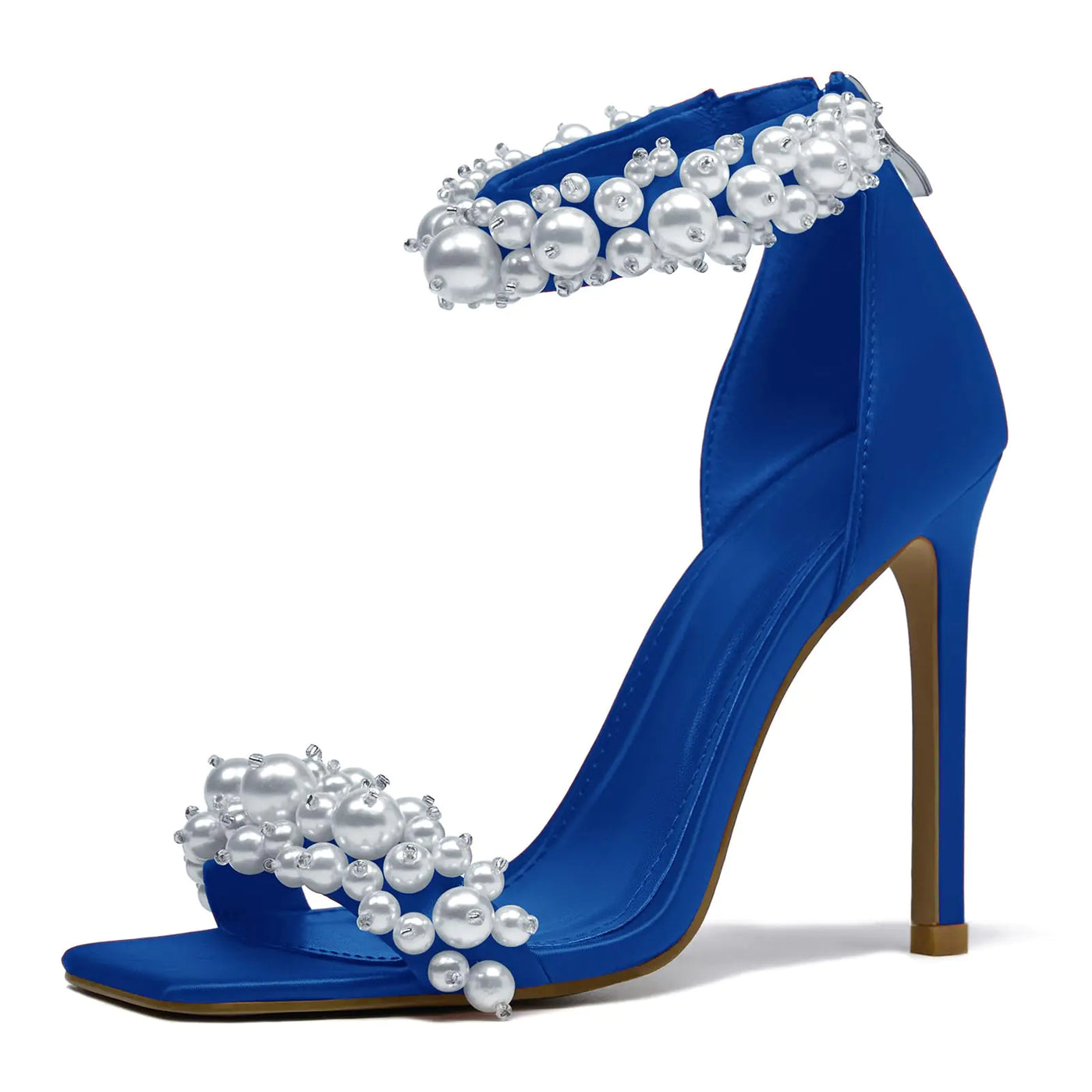 Driceic Women's Blue Pearl Stiletto Heels – Satin Open Square Toe Sparkly Sandals with Ankle Back Zipper, Sexy Bridal Prom Wedding Party Dress Shoes – Size 6