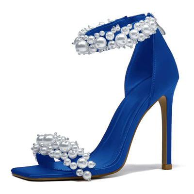 Driceic Women's Blue Pearl Stiletto Heels – Satin Open Square Toe Sparkly Sandals with Ankle Back Zipper, Sexy Bridal Prom Wedding Party Dress Shoes – Size 6