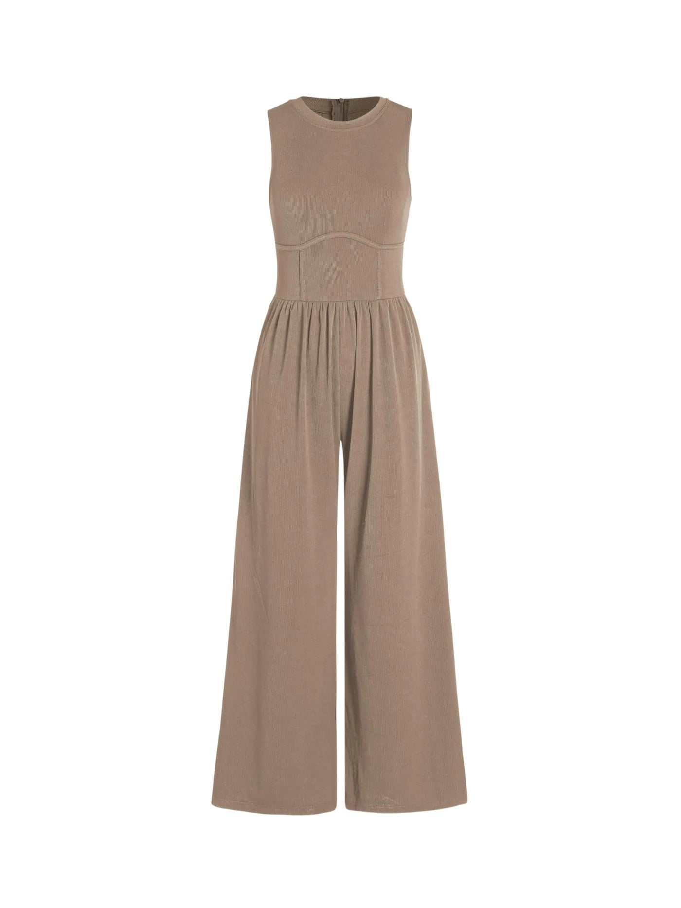 CIDER Women's Sleeveless Khaki Wide-Leg Overalls Jumpsuit – Dressy Crewneck One-Piece with Pockets, Size XS, Suitable for Summer and Fall