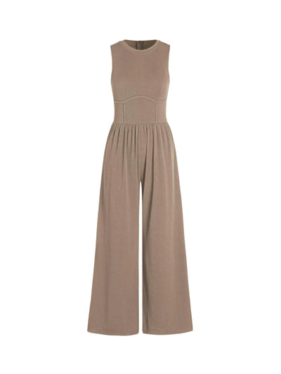 CIDER Women's Sleeveless Khaki Wide-Leg Overalls Jumpsuit – Dressy Crewneck One-Piece with Pockets, Size XS, Suitable for Summer and Fall