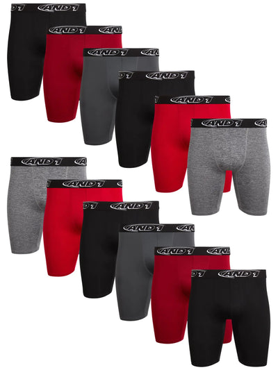 AND1 Men’s Boxer Briefs – 12-Pack Performance Compression Underwear with Long Legs and Contour Pouch, Moisture-Wicking and Breathable Athletic Fit, Size X-Large, Colors: Black, Red, Shadow, Charcoal Heather