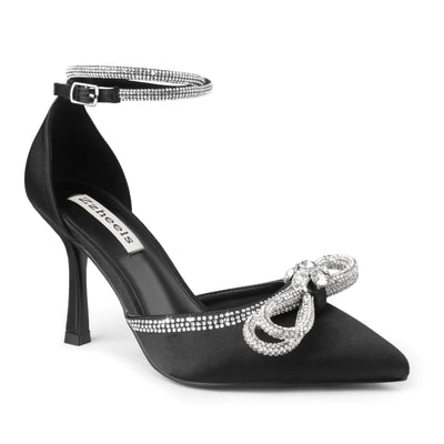 Zzheels Women's Wedding Heels – Black Sparkly Rhinestone Stiletto Pumps with Bow Detail, Pointed Toe and Ankle Strap, High Heels for Bridal and Party Dress Shoes, Size US 9.5