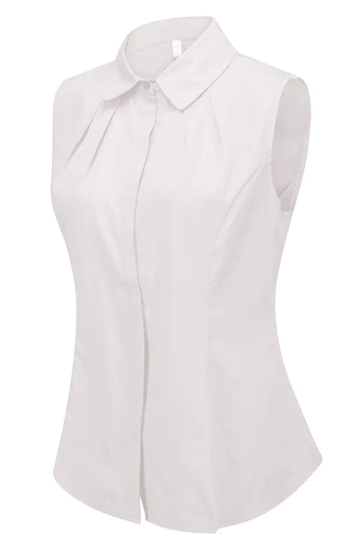Double Plus Open Women's Sleeveless Collared Button Down Shirt – White, Size 20 – Pleated Work Blouse for Office and Business Casual Wear