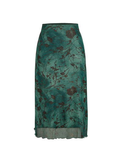 CIDER Women's Green Mesh Floral Midi Skirt – High Waisted Boho Grunge Style, Size Small