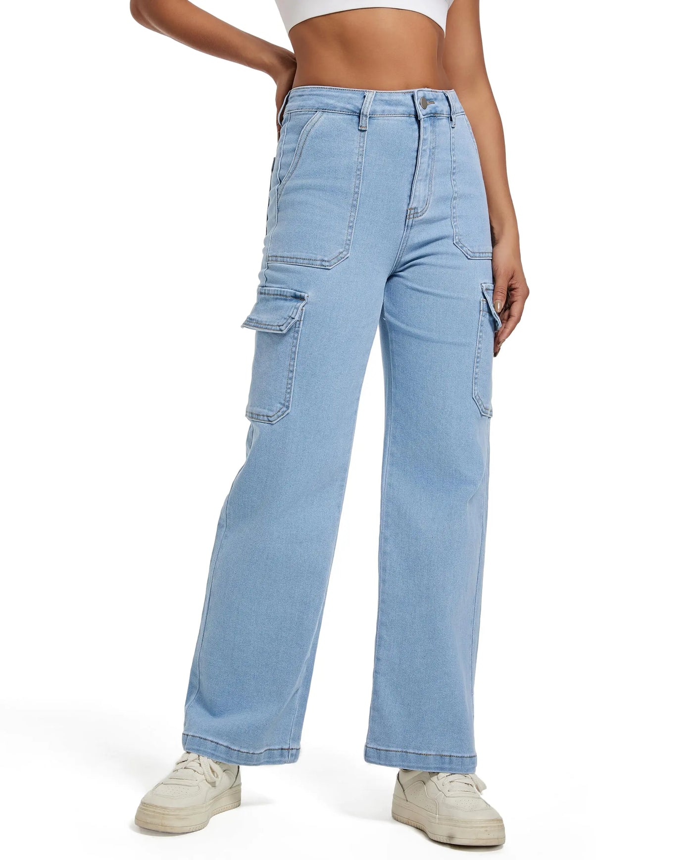 ETTELO Women Cargo Jeans High Waist Y2K Straight Leg Trendy Stretchy Lightweight Jeans for Women Light Blue