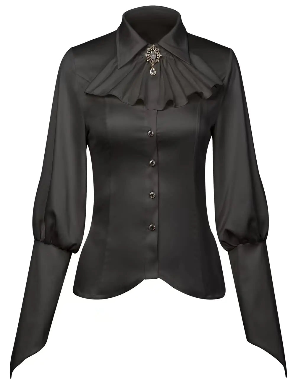 Women's Elegant Vintage Ruffled Blouse – Black Long Sleeve Fashion Shirt with Gem Brooch Detail – Chic Formal Top for Parties, Office, or Evening Wear