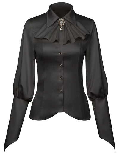 Women's Elegant Vintage Ruffled Blouse – Black Long Sleeve Fashion Shirt with Gem Brooch Detail – Chic Formal Top for Parties, Office, or Evening Wear