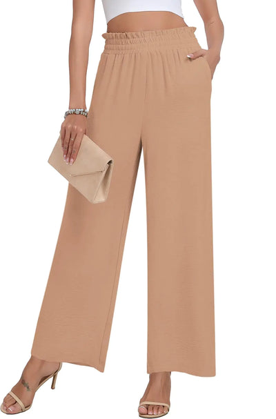 DILIUXING Women’s Khaki Wide-Leg High-Waisted Drawstring Pants – Casual Loose Trousers with Patch Pockets, Size XL