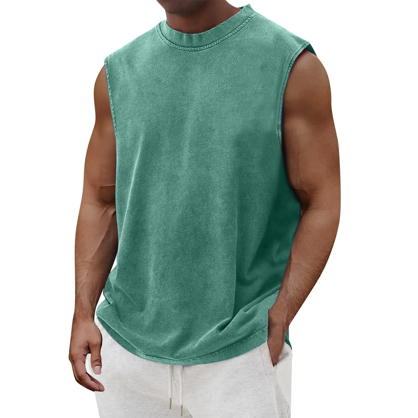 Men's Washed Cotton Tank Top – Turquoise Sleeveless Athletic Gym Shirt, Round Neck Workout and Casual Polo Style, Size X-Large