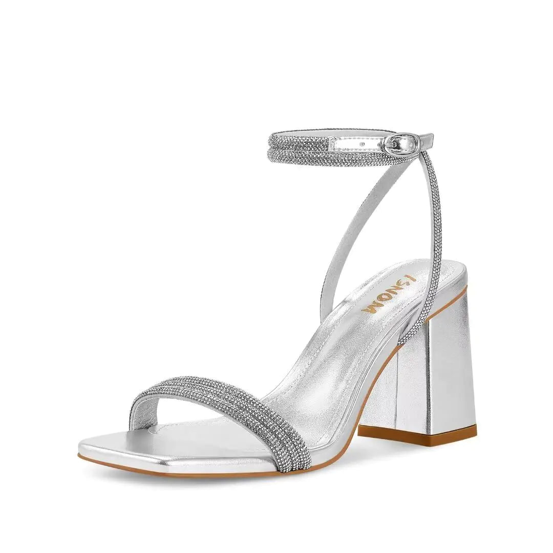 ISNOM Silver Rhinestone Heels for Women – Size 6 Chunky Strappy Heels with Sparkly Rhinestone Detailing – Glamorous Silver Sandals for Parties, Weddings, and Formal Events
