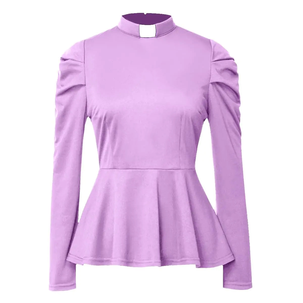 Women's Elegant Clergy Shirt – Light Purple Long Sleeve Ministers Blouse with Ruffle Hem – Casual and Formal Religious Tops