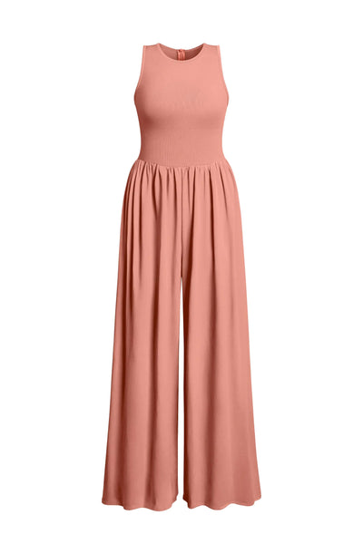 OQQ Women's Warm Pink Sleeveless Jumpsuit – Dressy Casual One-Piece with Crew Neck and Wide Leg Pants