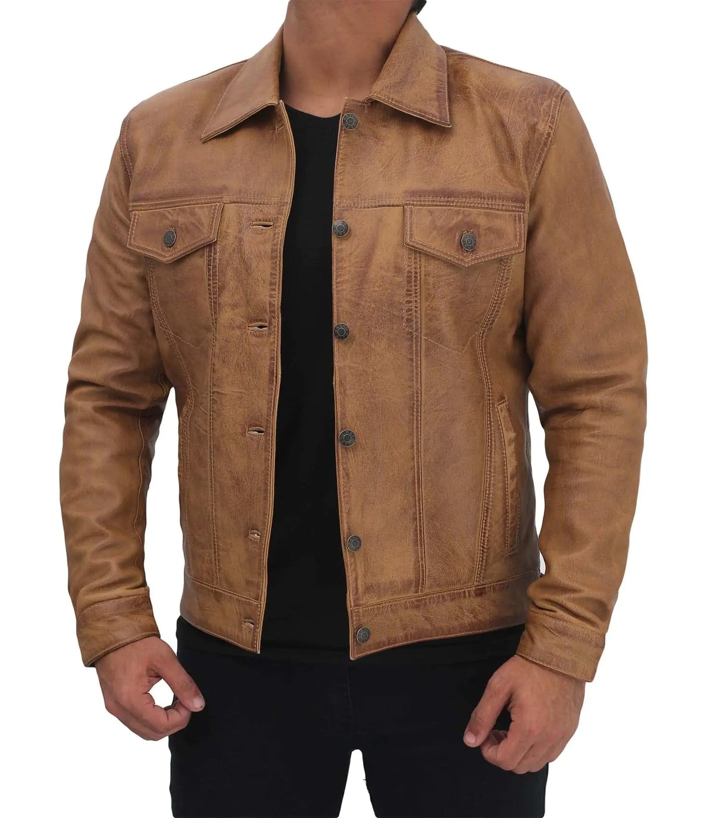 Decrum men’s camel leather trucker jacket – Fernando style in XXXL size, crafted from premium real leather with a classic button-front design, chest flap pockets, and tailored fit; stylish and durable outerwear for men, perfect for casual or rugged wear [Model 1107377]