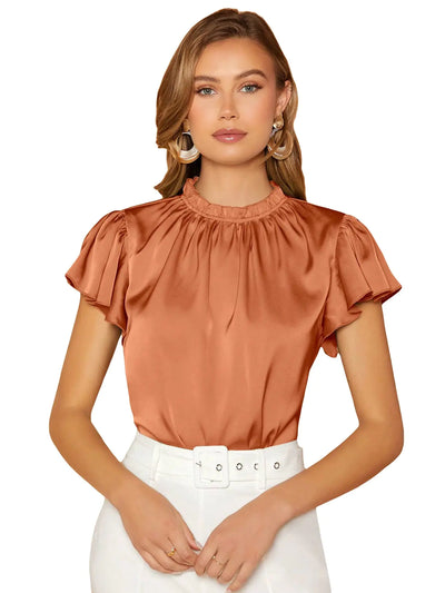 Verdusa Women's Butterfly Sleeve Satin Blouse – Burnt Orange, Size XS – Frill Trim Mock Neck Top, Elegant Casual and Office Wear