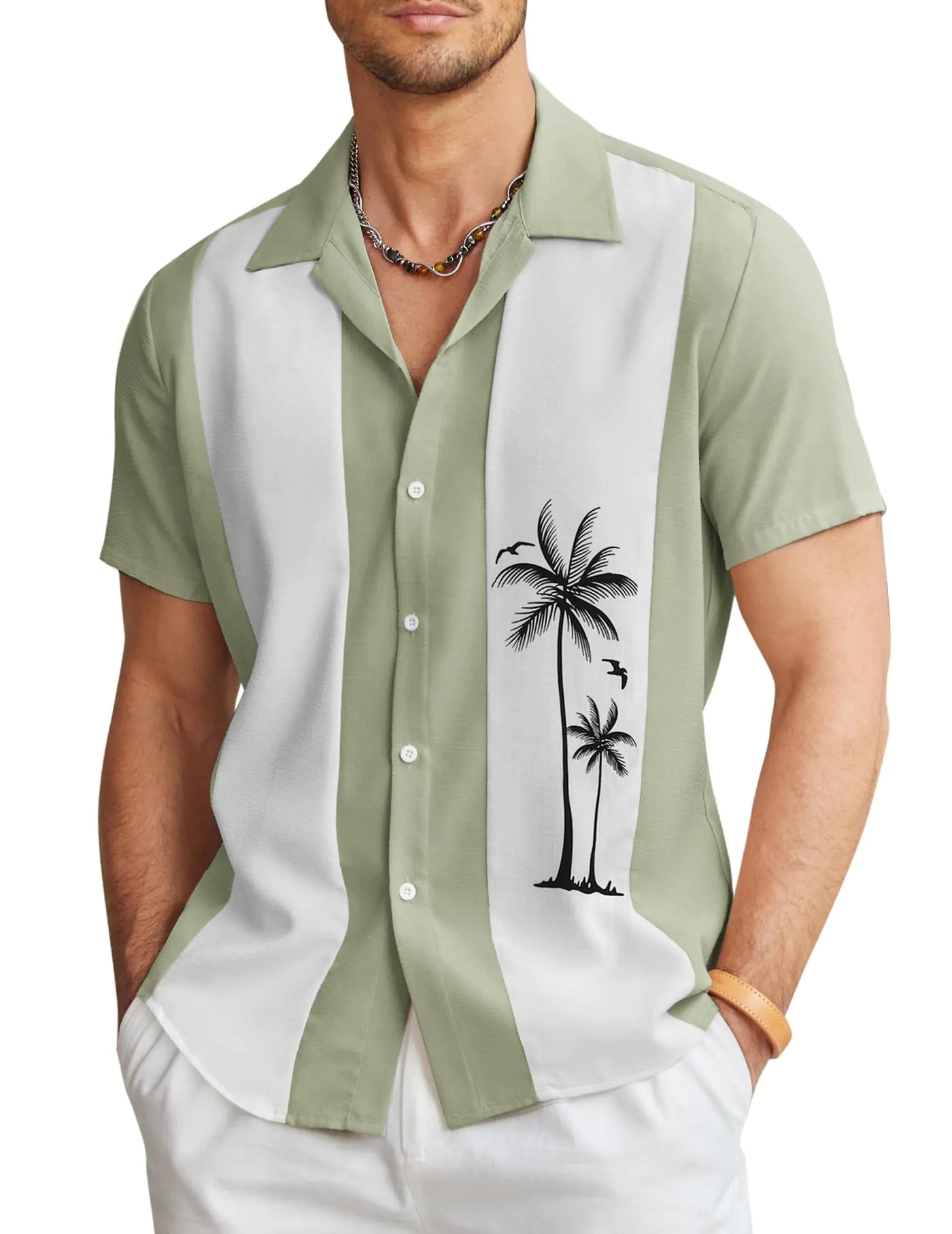 COOFANDY vintage men's bowling shirt, loose fit short sleeve button-up vacation shirt