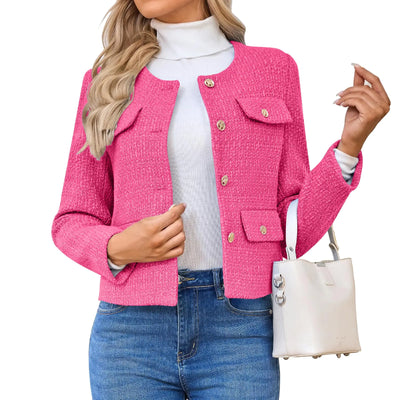 HUEOBIR Womens Tweed Blazers Jackets Casual Long Sleeve Button Down Business Short Casual Cropped Coats(Pink-XXL