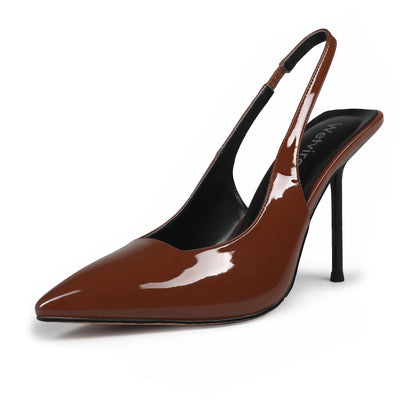 Wetviro Women's Brown Patent Leather Pointed Toe Slingback Heels – High Stiletto Pumps Dress Shoes for Women, Elegant and Stylish Footwear for Formal Events