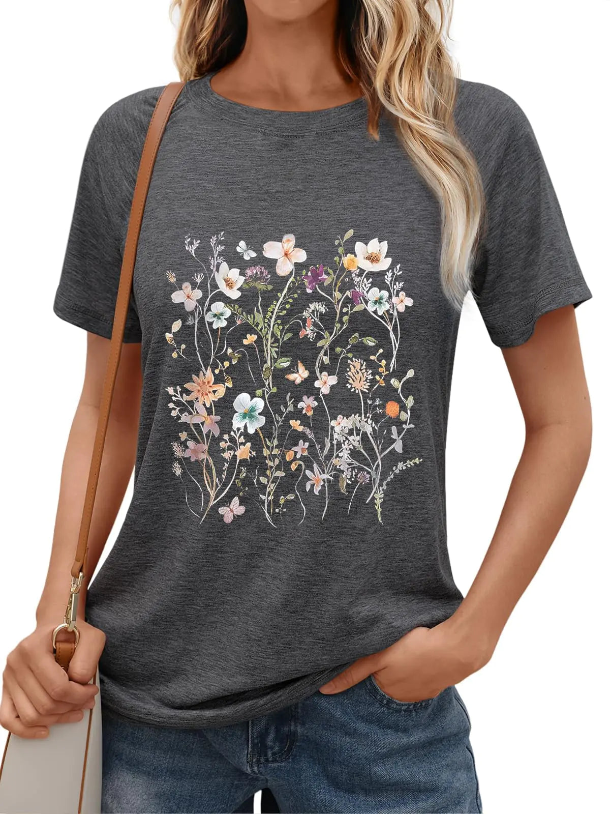 HCIHGZR Women’s Vintage Wildflower T-Shirt – Boho Floral Graphic Tee, Retro Summer Shirt Top, Dark Grey, Size XXL