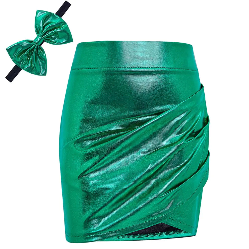 ZYBOUTIC Girls' Green Metallic Mini Skirt – Shiny Ruched PU Faux Leather Skirt for Toddlers, Size 6 Years, Perfect for Birthday, Party, Halloween, Christmas, or New Year