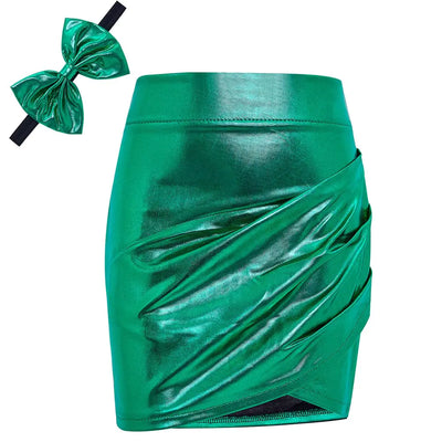 ZYBOUTIC Girls' Green Metallic Mini Skirt – Shiny Ruched PU Faux Leather Skirt for Toddlers, Size 6 Years, Perfect for Birthday, Party, Halloween, Christmas, or New Year