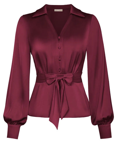Belle Poque Women's Dressy Satin Blouse – Red, Size XL – Lapel V-Neck Professional Shirt for Office, Business, and Formal Wear