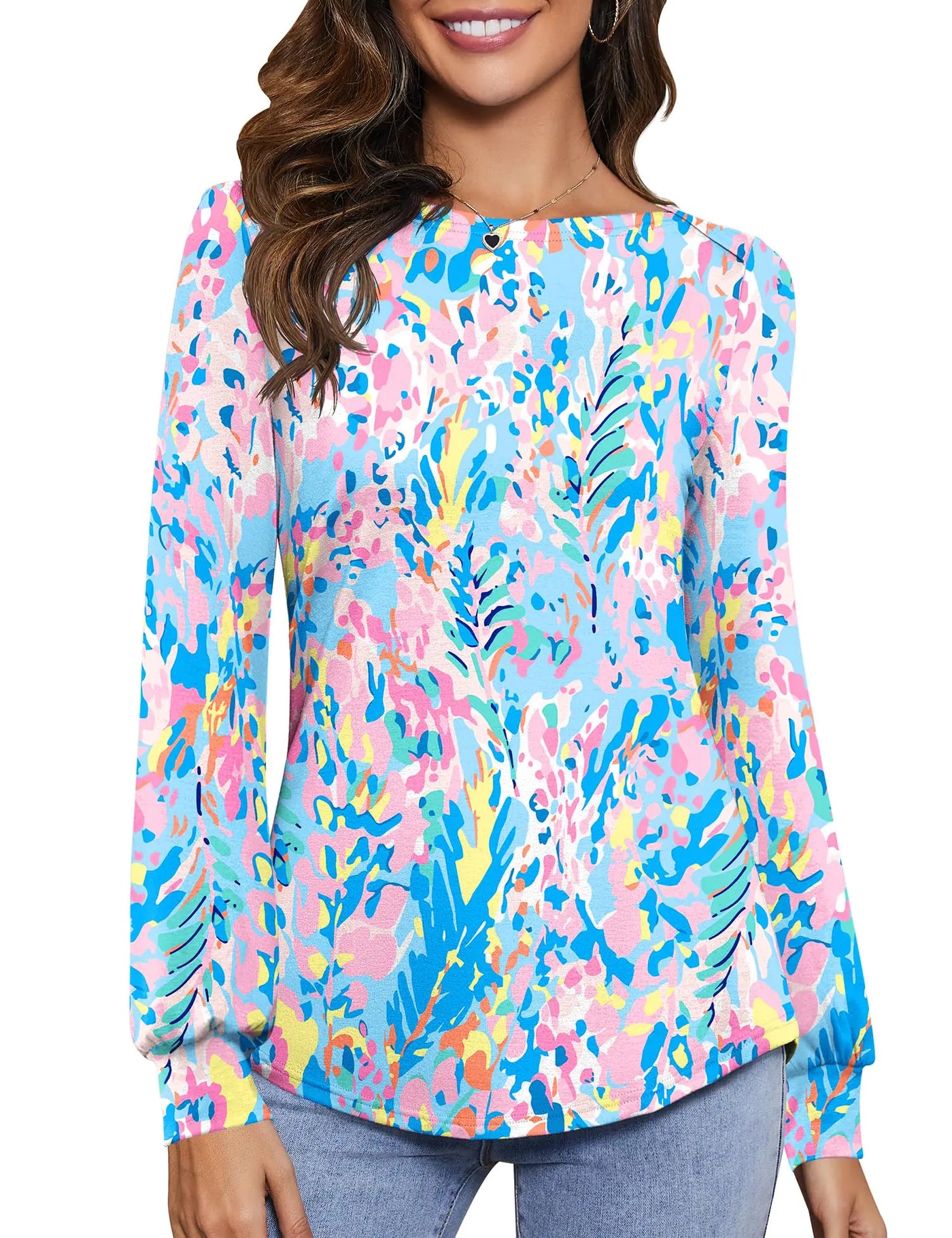 Kistore Women’s Business Casual Tunic Top – Long Sleeve Loose Fit Dressy Shirt with Colorful Floral Print, Size M