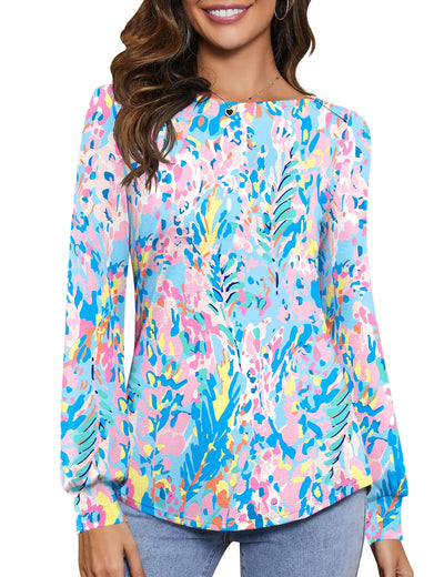 Kistore Women’s Business Casual Tunic Top – Long Sleeve Loose Fit Dressy Shirt with Colorful Floral Print, Size M