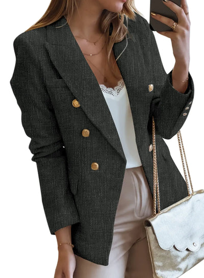 Happy Sailed Womens Blazer Jackets Fashion Double Breasted Lapel Collar Business Casual Tweed Blazers with Pockets Long Sleeve Open Front Office Professional Blazer Work Suits 2024 Black XL