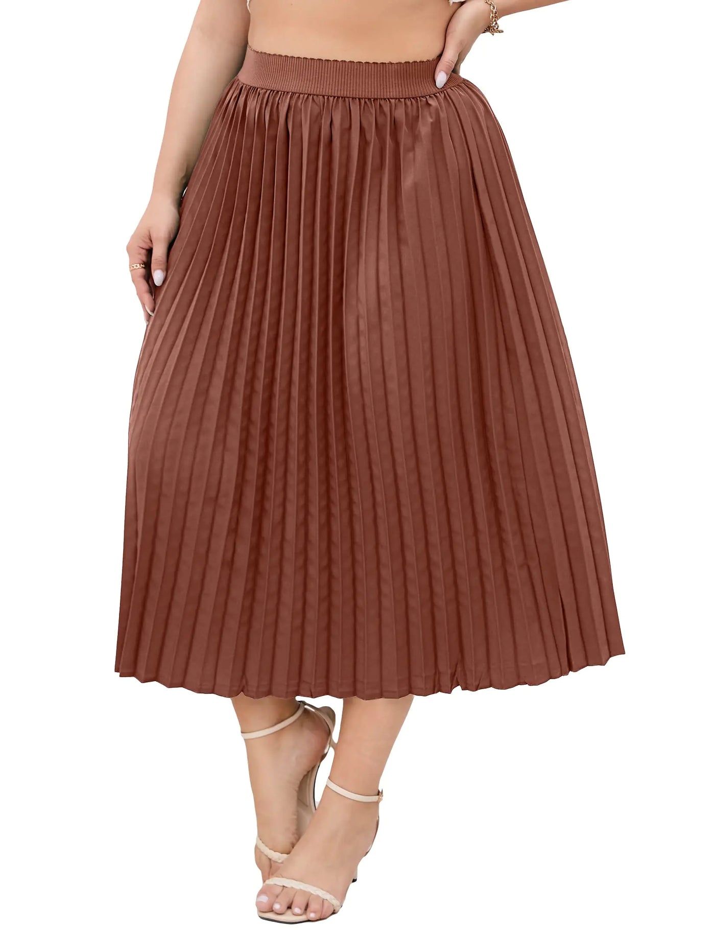 KOJOOIN Women's Plus Size Brown Pleated Midi Skirt – 5XL Boho Style Skirt with Elastic Waist and Pockets for Curvy Women