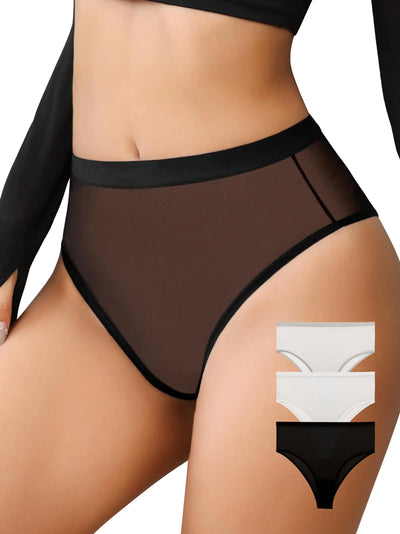 Annenmy 3-Pack Breathable High-Waisted Mesh Underwear for Women – Stretchy Brazilian Cheeky Bikini Panties, Lightweight and Comfortable, Multi-Color, Size Large