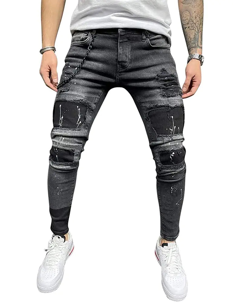 IDEALSANXUN Men's Skinny Jeans with Ripped Pattern – Stretch Denim Pants in Black, Model 8839, Size 36