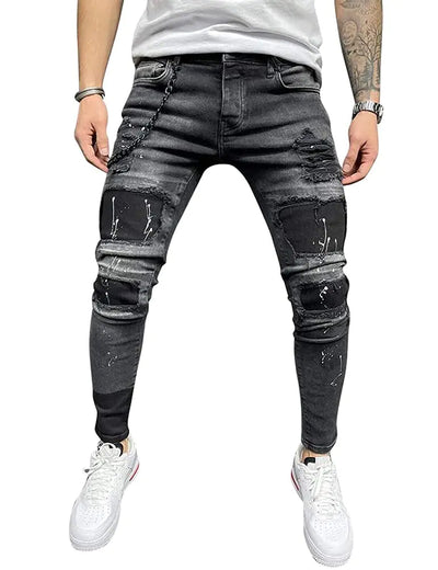 IDEALSANXUN Men's Skinny Jeans with Ripped Pattern – Stretch Denim Pants in Black, Model 8839, Size 36