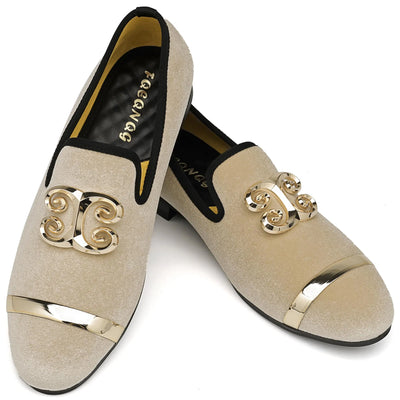 Mens Velvet Loafers Fashion Mens Dress Shoes with Gold Buckle Classic Suede Loafers for Party Wedding Slip-On Penny Glitter Prom Shoes (Beige)